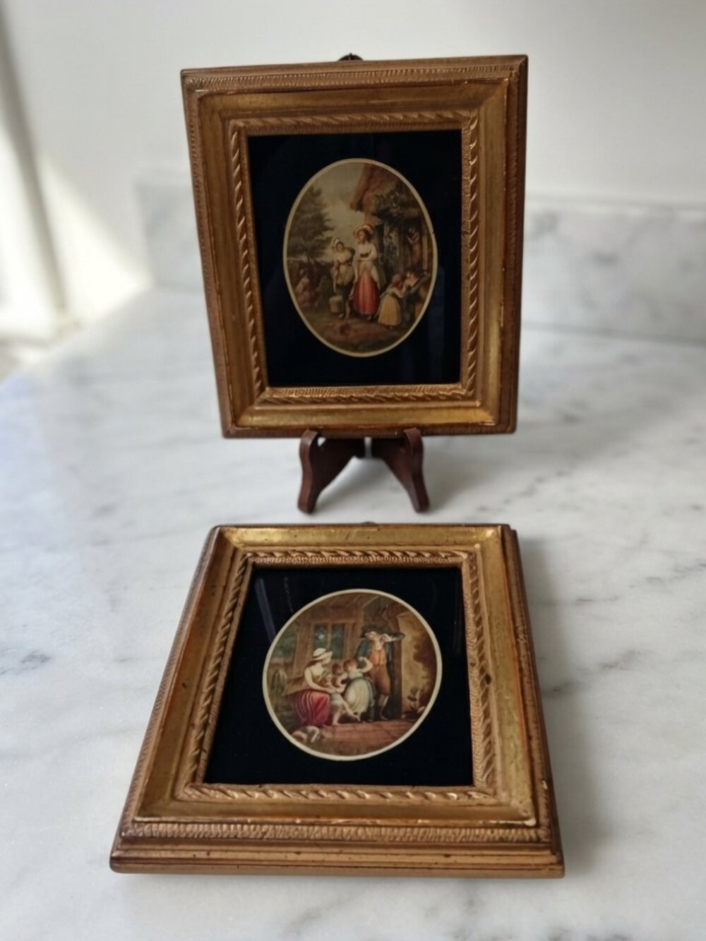 VTG Italian Borghese Framed Art Set of 2 Cottage Family Scenes Gold Wood Frames